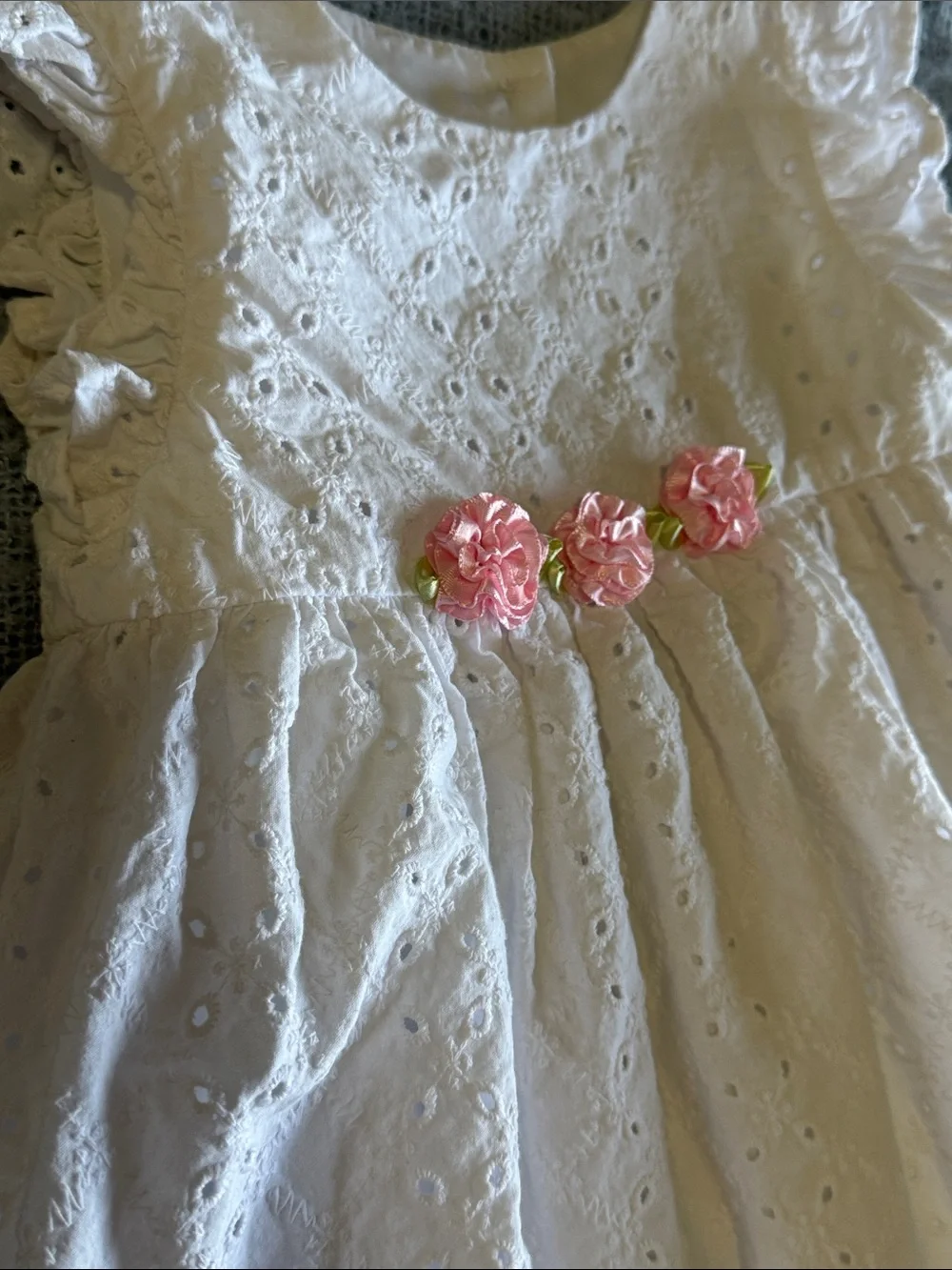 Girls White Eyelet Dress with Pink Floral Waist Detail